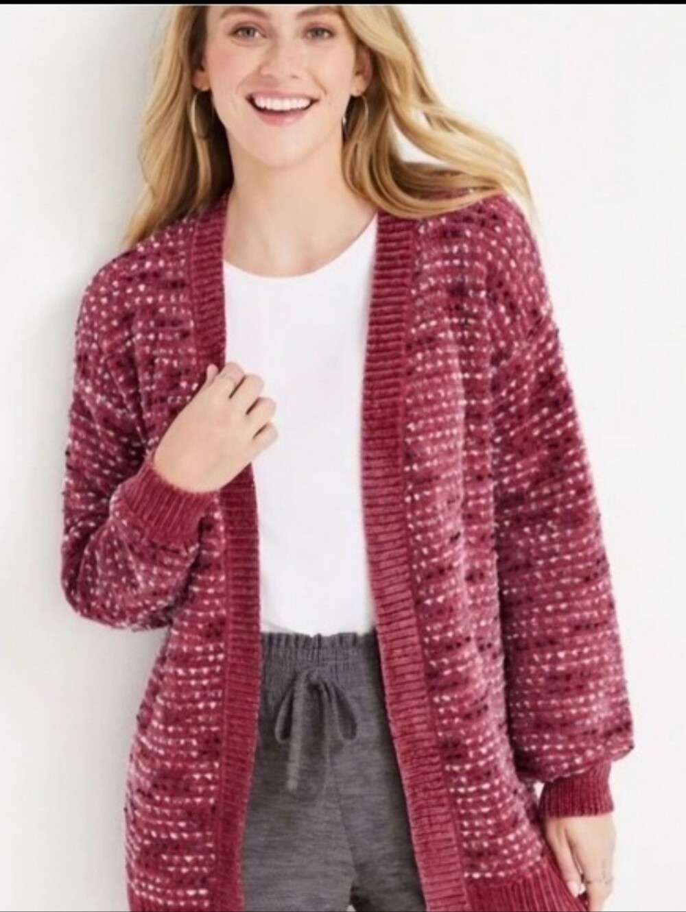 Maurices Burgundy Marled Open Front Knit Cardigan Sweater Size Medium Boho Cozy